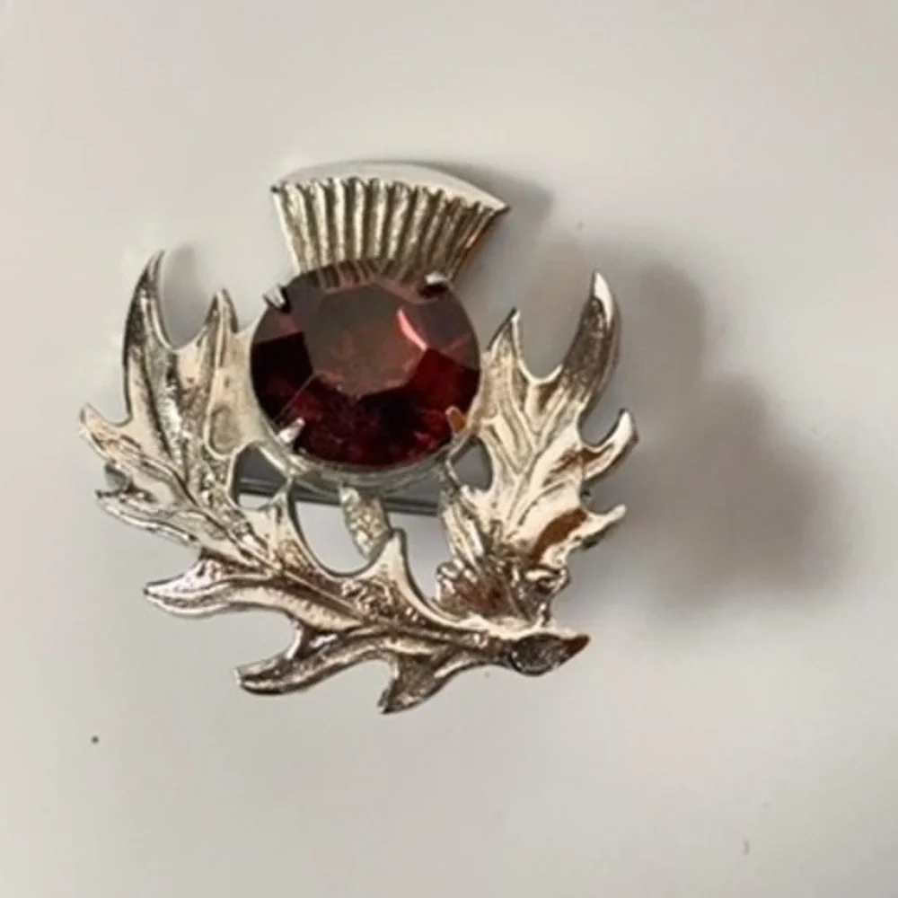 Vintage Scottish Thistle Brooch Red Rhinestone Silver Tone Pin Celtic Statement